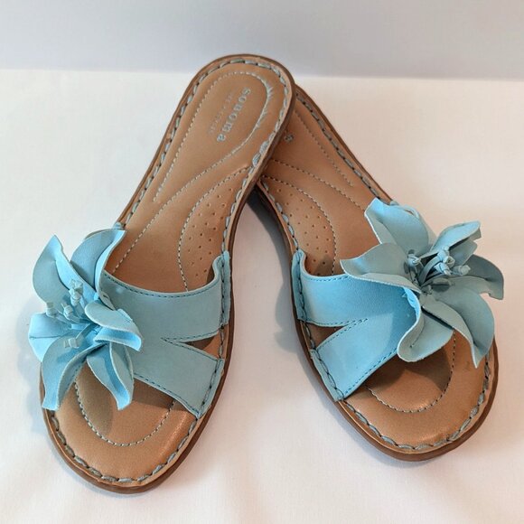 Somona "Ursula" Aqua Flat Slip-on Sandals with Flower Detail  Size 7.5 - Picture 2 of 6